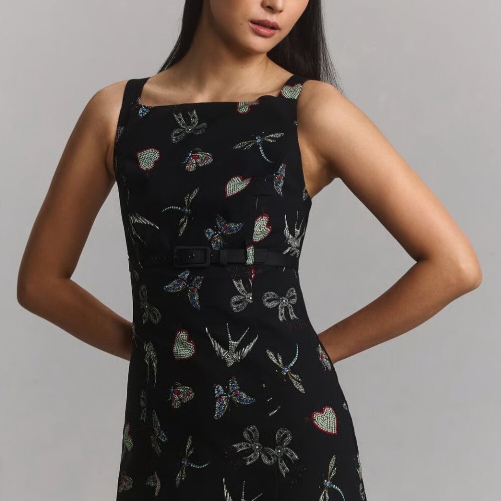 NWT Anthropologie Maeve Boat Neck Belted Mini Dress Jewelry Print Size 0 - Picture 4 of 5